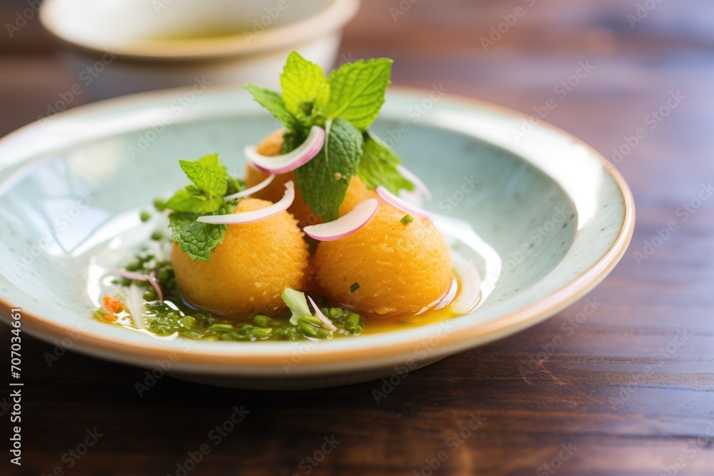 close-up of pani puri on a plate with mint leaves close-up of pani puri on a plate with mint leaves