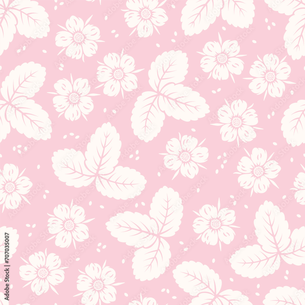 Summer Floral Seamless Pattern. Leaf and Flower of Strawberry. Pink White Background. Great for Textile, Wrapping Paper, Packaging etc. Vector Illustration