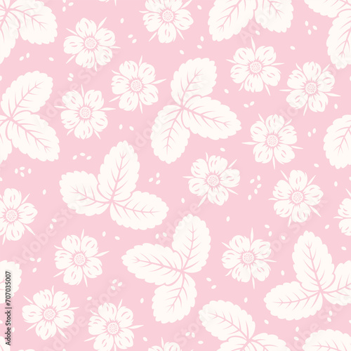 Summer Floral Seamless Pattern. Leaf and Flower of Strawberry. Pink White Background. Great for Textile  Wrapping Paper  Packaging etc. Vector Illustration