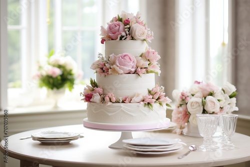 Three-tiered white wedding cake decorated with flowers on table photo