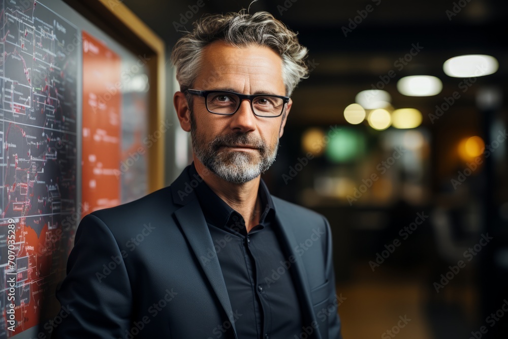 Fototapeta premium Senior entrepreneur, confident and forward-thinking, brainstorming business strategies on a whiteboard, Generative AI