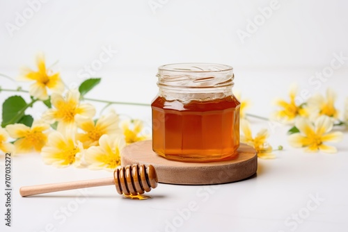 Honey in glass jar on white background