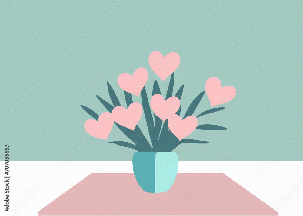 テーブルに飾られたハートの花の花束が入った花瓶のイラスト 余白あり テーブルに飾られたハートの花の花束が入った花瓶のイラスト 余白あり