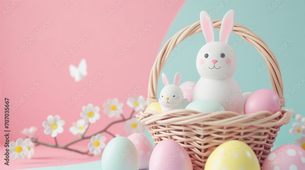 Easter joy captured with plush bunnies and painted eggs in a wicker basket, set against a pastel pink backdrop with spring daisies and a butterfly.