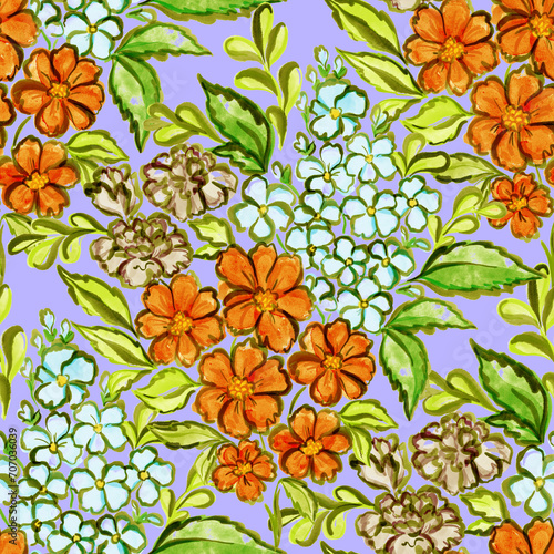 Watercolor seamless pattern with spring floral bouquets. Vintage botanical il...