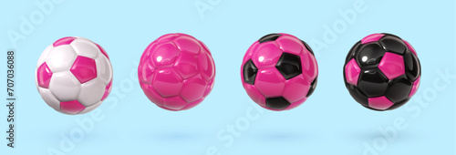 Pink and black glossy football balls isolated design elements. Colorful rosy soccer balls collection. Vector 3d design elements on light background. Sports close up icons