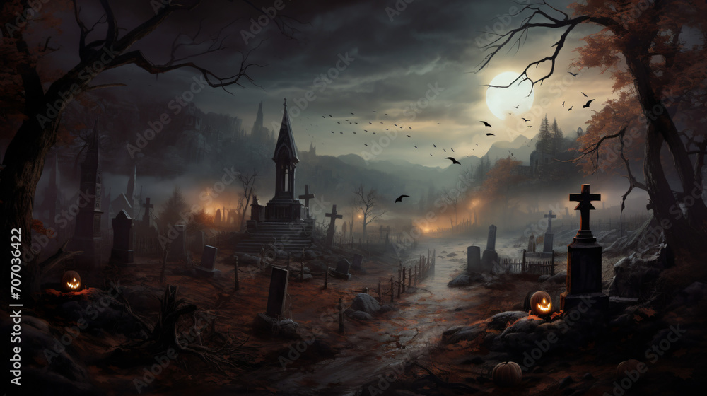 Within a haunting Halloween illustration a foggy
