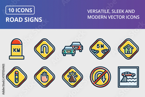 Road Signs Thick Line Filled Dark Colors Icons Set