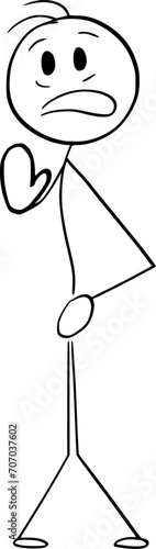 Person With Stop Gesture Covering His Crotch , Vector Cartoon Stick Figure Illustration