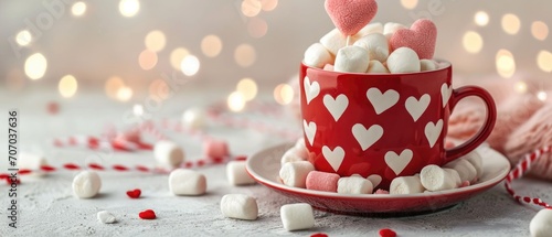 Red mug on a white background filled with marshmallows in the form of hearts. Valentine's day holiday concept photo