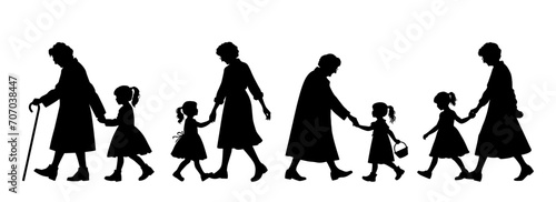 vector illustration. silhouette of a grandmother with her granddaughter walking hand in hand