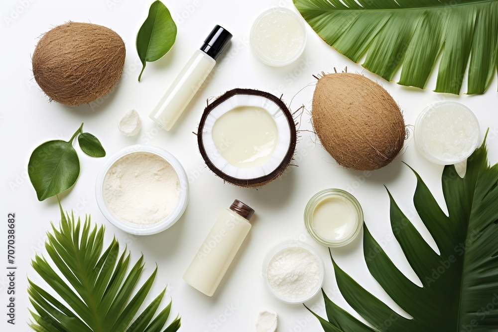 Natural cosmetics with coconuts and skin care products on white background Natural cosmetics with coconuts and skin care products on white background