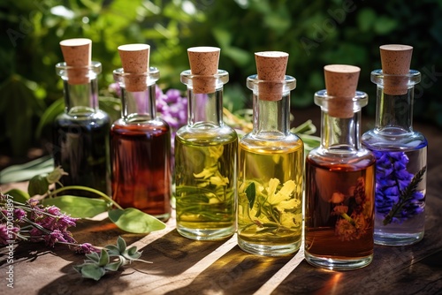 Set of natural essential oils in bottles on wooden background