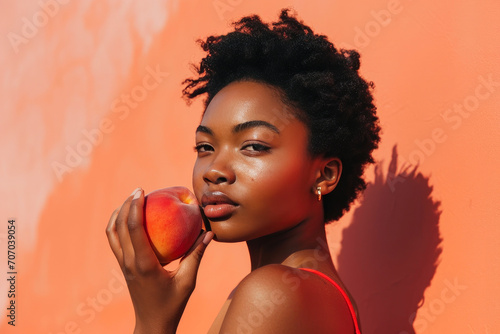 Sun-Kissed Wellness: Athletic Lady Posing with a Luscious Peach © Andrii 
