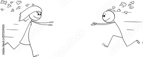 Loving Man and Woman Running to Each Other, Vector Cartoon Stick Figure Illustration