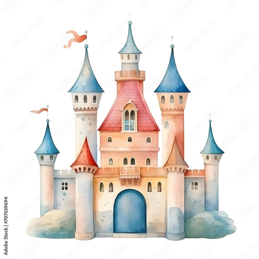 Watercolor painting of a Whimsical Fairy Tale Castle. Minimal, Vibrant, Pastel color, and Cute for Kids' Imagination. Fantasy Magical Kingdom Delight for Dreamy Minimalist Tower for Children.