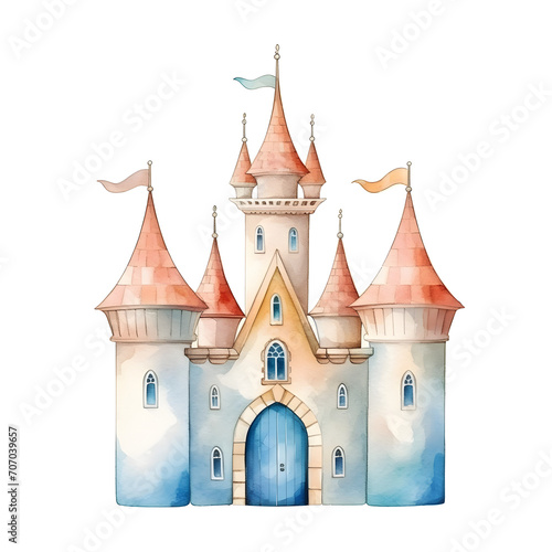 Watercolor painting of a Whimsical Fairy Tale Castle. Minimal, Vibrant, Pastel color, and Cute for Kids' Imagination. Fantasy Magical Kingdom Delight for Dreamy Minimalist Tower for Children.