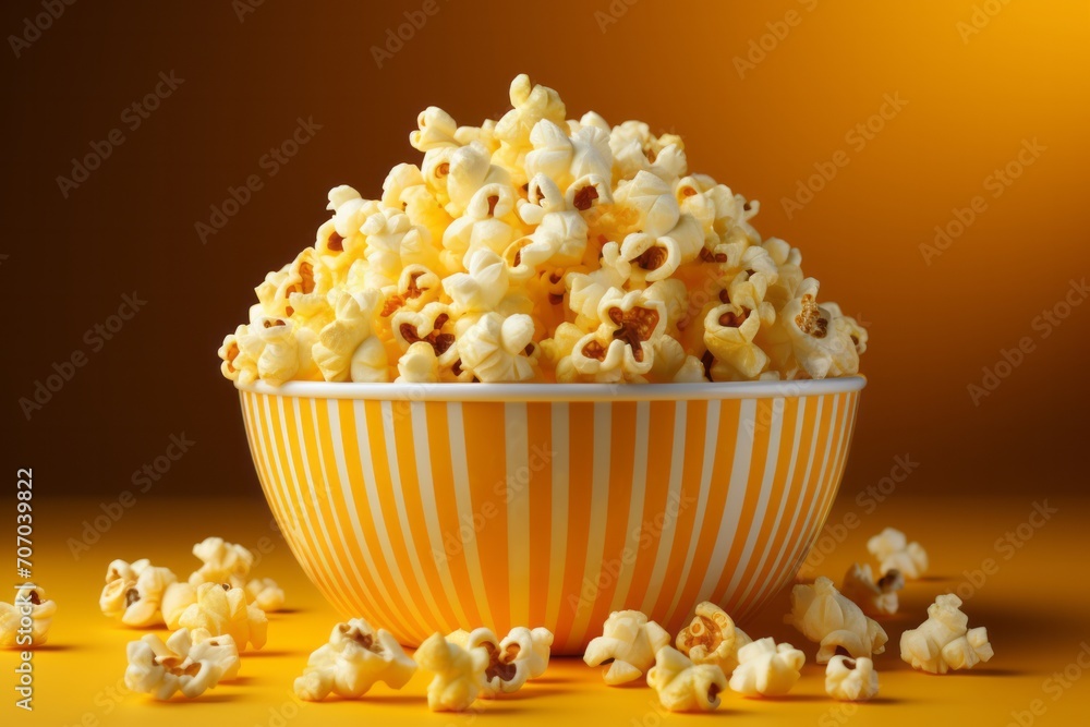 3D Render of a Caramel Popcorn Bowl, on an isolated Movie Night Yellow background, Generative AI 3D Render of a Caramel Popcorn Bowl, on an isolated Movie Night Yellow background, Generative AI
