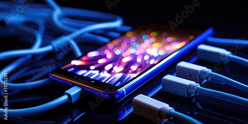 The black smartphone charges with a connected cable, embodying the dual purpose of powering up and data transfer. photo