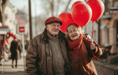 Happy senior couple holding hearted balloons