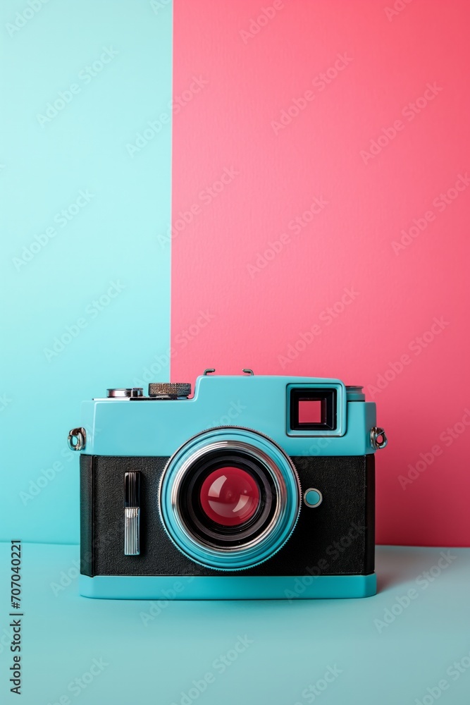 Minimalistic composition made of cyan vintage camera on cyan - dark pink background