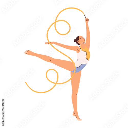 Rhythmic gymnastics girl with ribbon. Flat vector illustration isolated on white background