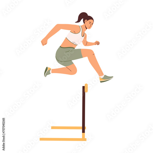 Hurdling sport. Woman hurdler runner overcoming barrier on race. Flat vector illustration isolated on white background