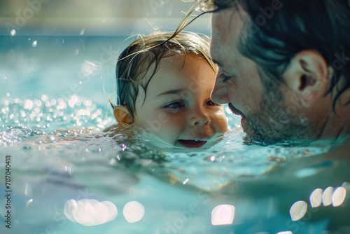 father is teaching his child to swim