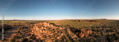 panoramic view from a drone during sunset of mowani mountain in damaraland namibia