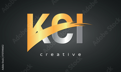 KCI Letters Logo Design with Creative Intersected and Cutted golden color