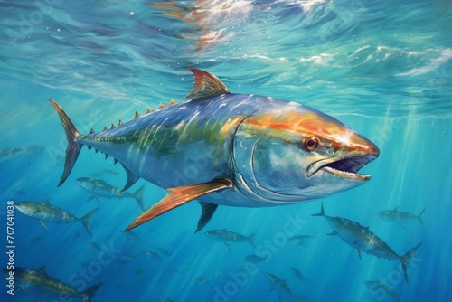 Tuna swimming in clear water. Generative AI photo