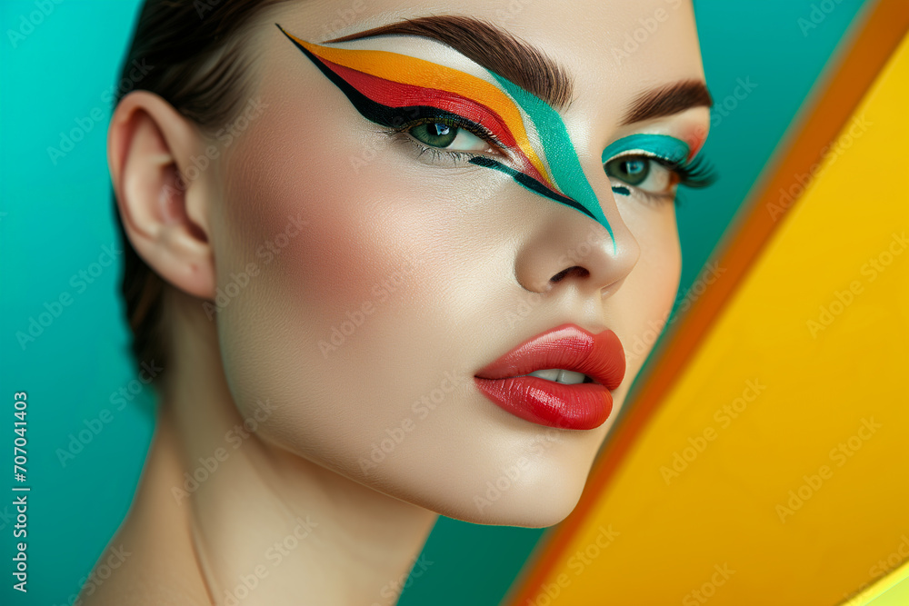 Fashion model woman face with fantasy art make-up. Bold makeup, glance Fashion art portrait, incorporating neon colors. Advertising design for cosmetics, beauty salon. content. Fashion model woman face with fantasy art make-up. Bold makeup, glance Fashion art portrait, incorporating neon colors. Advertising design for cosmetics, beauty salon. content.