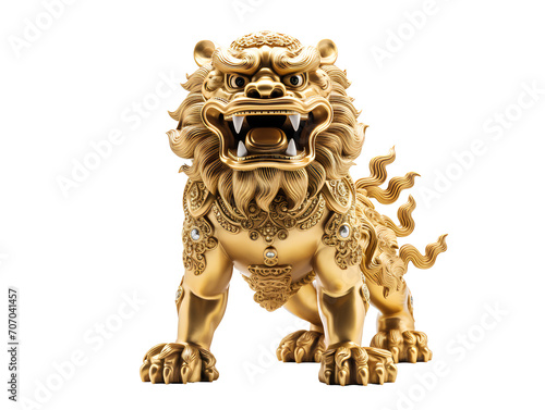 Golden Chinese lion statue on transparent background PNG