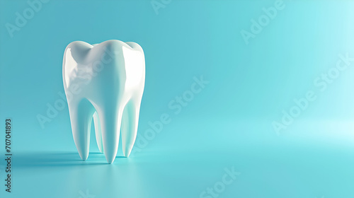 Human tooth on the light blue background. Dental concept. Copy space.