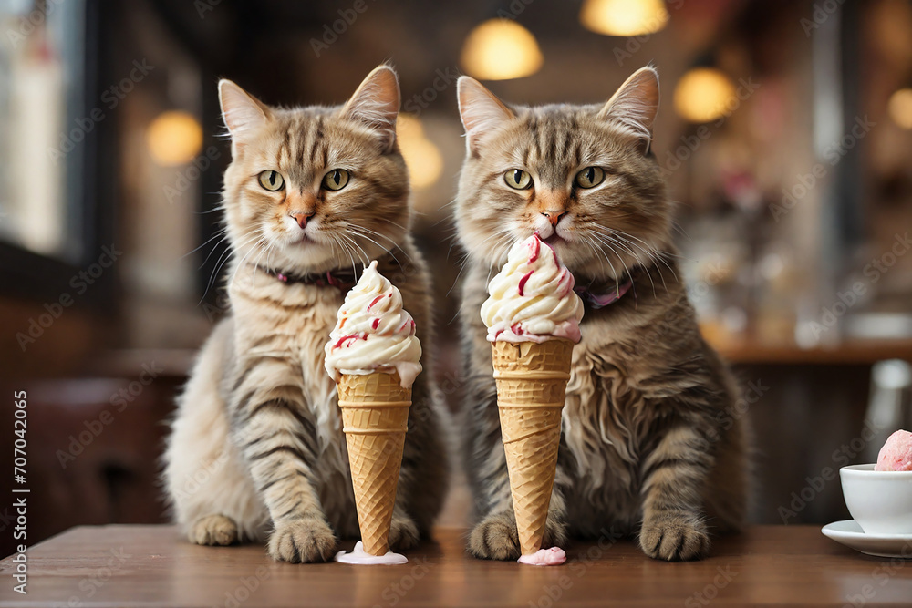 Cute cat and ice cream cones on table in cafe, closeup
