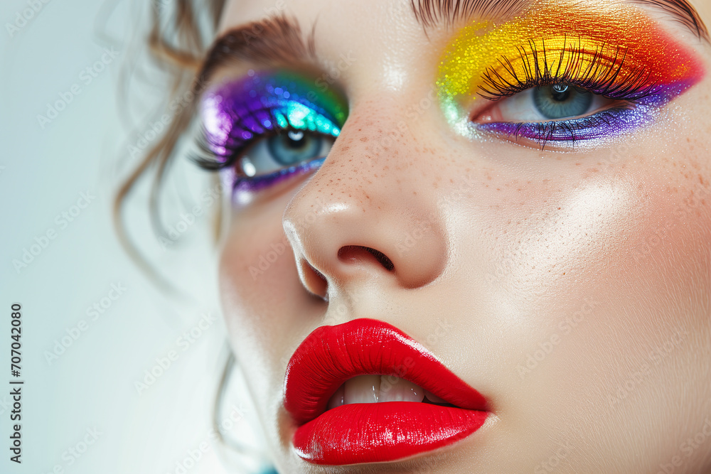 Fashion model woman face with fantasy art make-up. Bold makeup, glance Fashion art portrait, incorporating neon colors. Advertising design for cosmetics, beauty salon. content. Fashion model woman face with fantasy art make-up. Bold makeup, glance Fashion art portrait, incorporating neon colors. Advertising design for cosmetics, beauty salon. content.