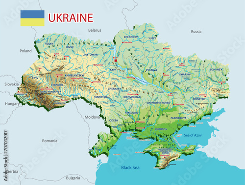 Topographic map of Ukraine. Geographic map of Ukraine with borders of the regions. High detailed Ukraine physical map with labeling. Atlas of Ukraine with rivers, lakes, seas, mountains and plains.Vec