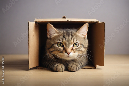 Cute tabby cat looking out of a cardboard box on a wooden table