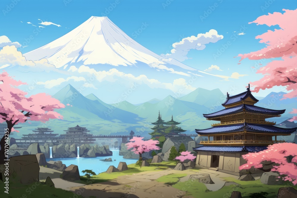  Transport your audience to an animated world with a background showcasing a Japan landscape, where characters, Generative AI