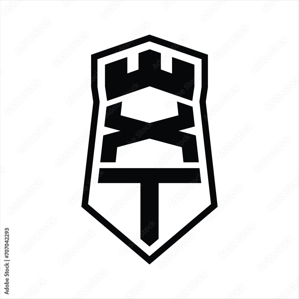 XT Letter Logo monogram hexagon shield shape up and down with crown castle isolated style design XT Letter Logo monogram hexagon shield shape up and down with crown castle isolated style design