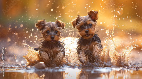 Two cute yorkshire terrier puppies playing in the water in the rain