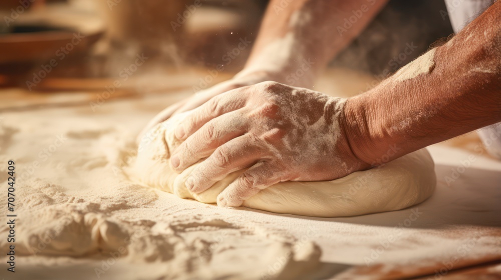 A chef is kneading cake dough on a homemade kitchen wooden table.