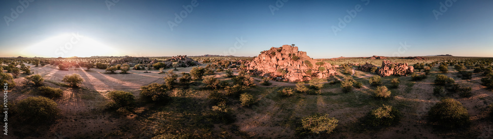 panoramic view from a drone during sunset of mowani mountain in damaraland namibia panoramic view from a drone during sunset of mowani mountain in damaraland namibia