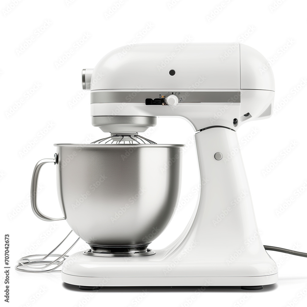 A sleek, modern white stand mixer with a stainless steel bowl, perfect for any contemporary kitchen. A sleek, modern white stand mixer with a stainless steel bowl, perfect for any contemporary kitchen.