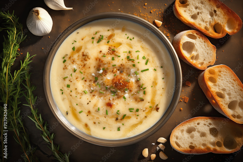 A delicious bowl of creamy garlic soup, garnished with herbs and spices, served with slices of toasted bread on a rustic table. A delicious bowl of creamy garlic soup, garnished with herbs and spices, served with slices of toasted bread on a rustic table.