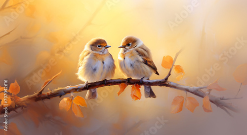 Two birds on a branch in the autumn light, in the style of cute and dreamy, light brown and light amber   © Possibility Pages