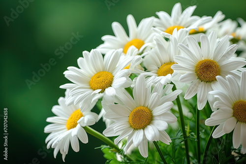 A close-up shot of fresh white daisies with yellow centers blooming against a soft green backdrop.