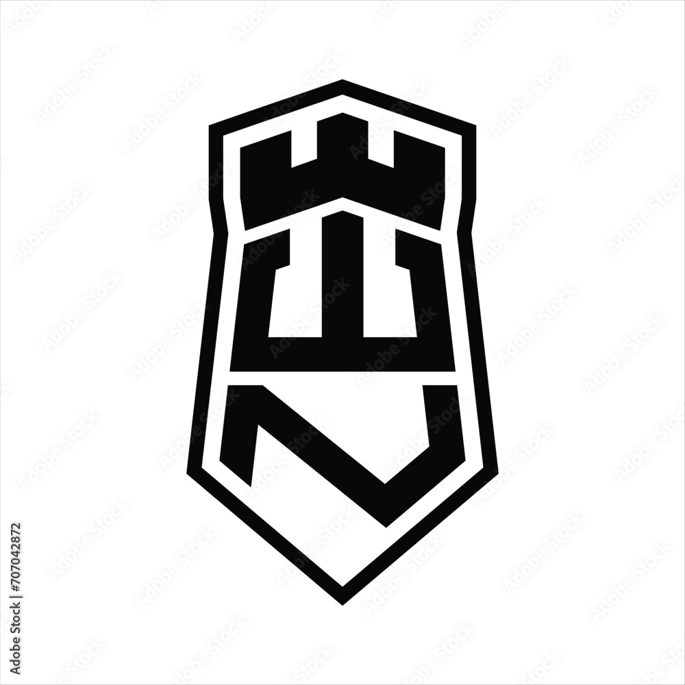 WN Letter Logo monogram hexagon shield shape up and down with crown castle isolated style design WN Letter Logo monogram hexagon shield shape up and down with crown castle isolated style design