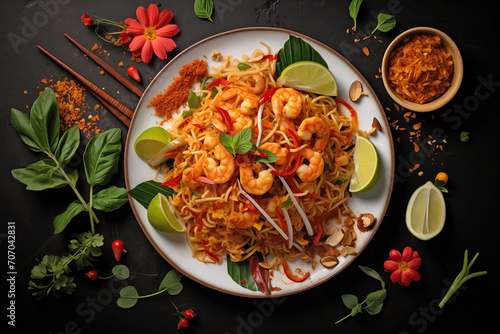 A beautifully presented plate of shrimp pad thai, garnished with fresh lime, basil, and flowers. The dish is surrounded by ingredients and chopsticks on a dark background.