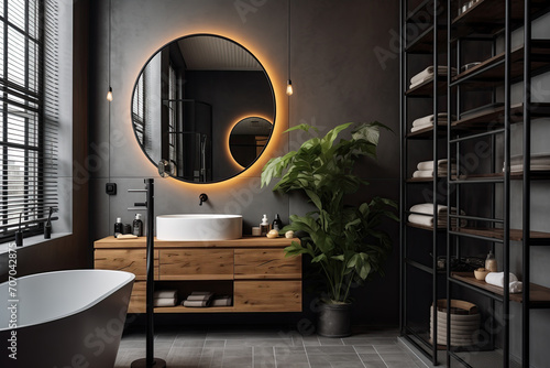A contemporary bathroom featuring a freestanding bathtub, wooden vanity with a round illuminated mirror, and stylish shelving, accentuated by dark tones and natural light.